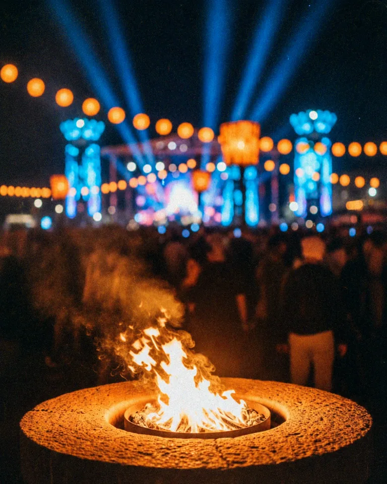 Ateshgah fire temple lit at night with festival lights.