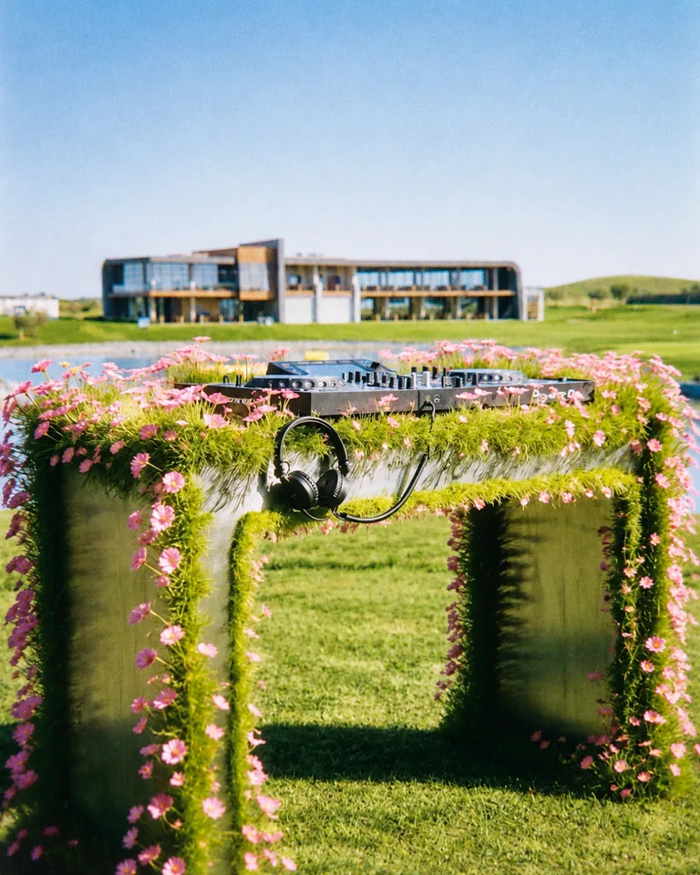 A flower-covered DJ booth on the fairway at Dreamland Baku.